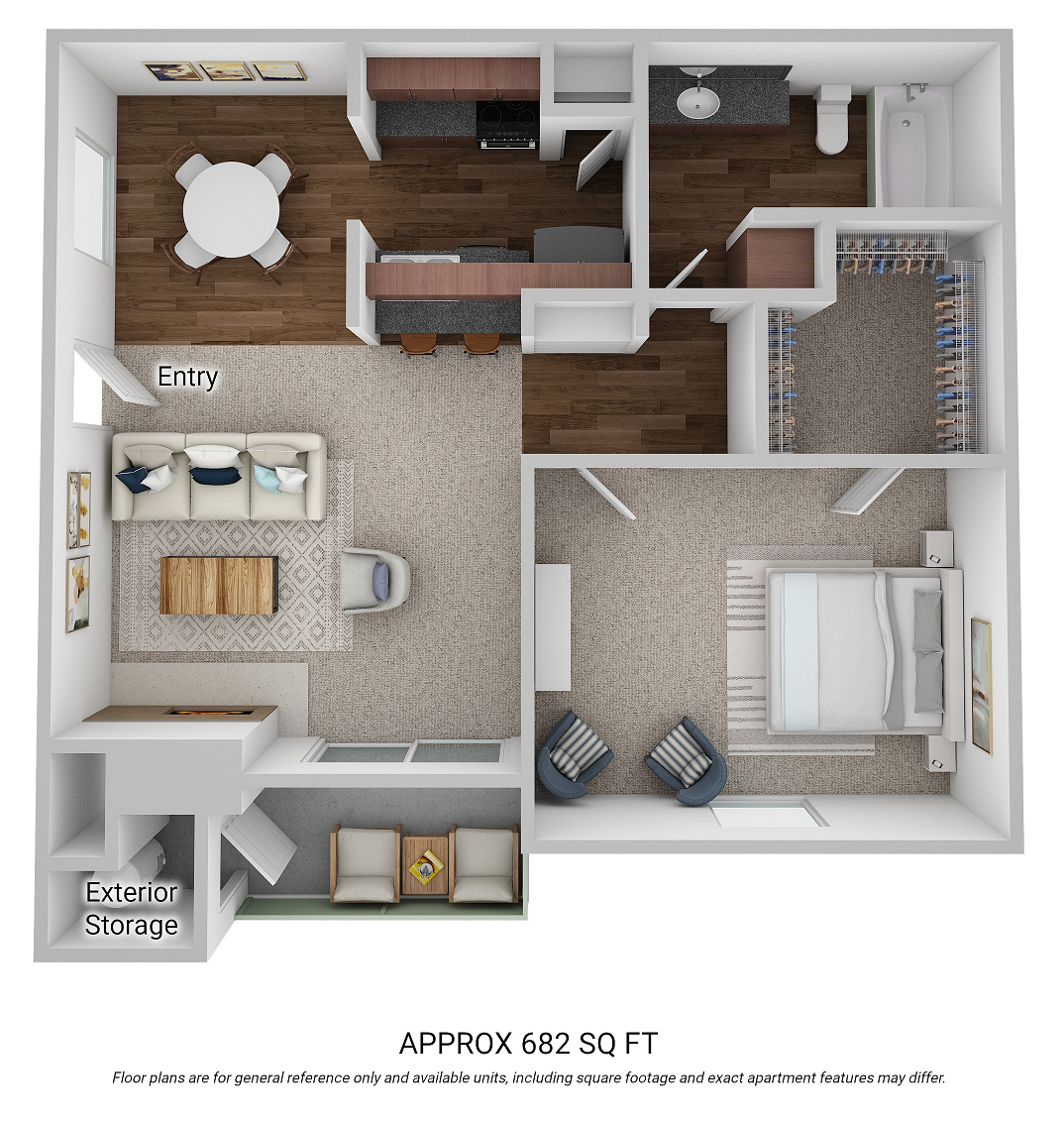 Floor plan for 1 bed, 1 bath, 682 sqft